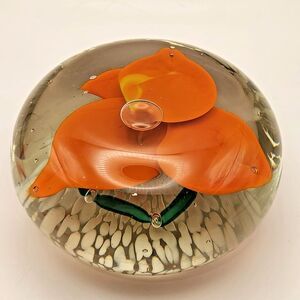 VTG Art‎ Glass Paperweight Orange Flower  Controlled Bubbles Unsigned